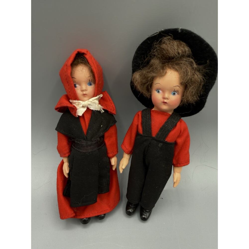 Vintage Mini Dolls Pair Dutch Boy Girl Red Black Outfit 4” Lot